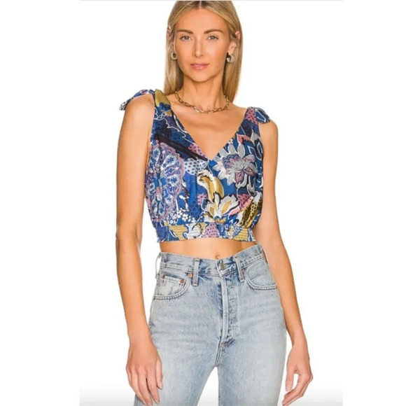 Free People "Weekend in Montauk" Crop Cami - NWT SZ Small, Blue Floral Print - Picture 1 of 10